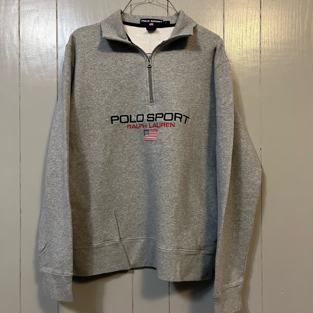 Vintage 90s Polo Sport Ralph Lauren Gray 1/4 Zip Sweatshirt L Embroidered Logo